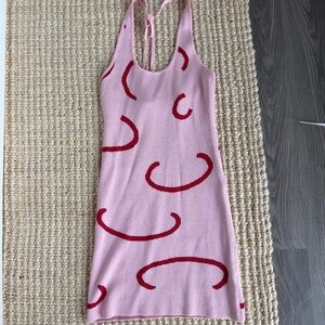 Pink Knit Dress with Red Swirl Pattern